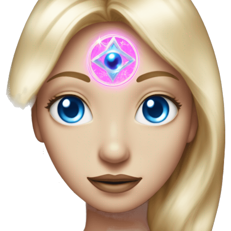 magical diva with thin pink andromedan face long blonde hair and blue eyes glowing third eye emoji