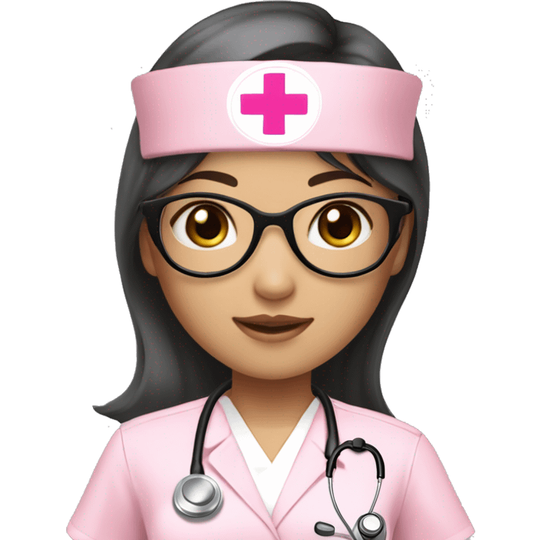 Asian girl (beige white skin tone) with circle silver glasses, hair bang and wavy long black hair , wearing a pink nurse uniform (scrub) with a stethoscope emoji