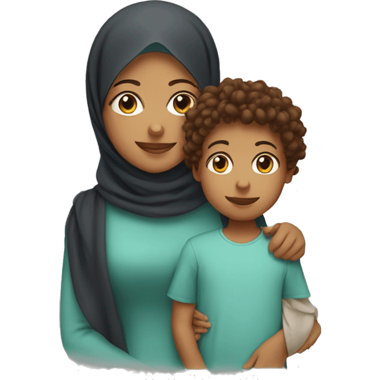 Hijab mother with a young son and daughter with brown curly hair emoji