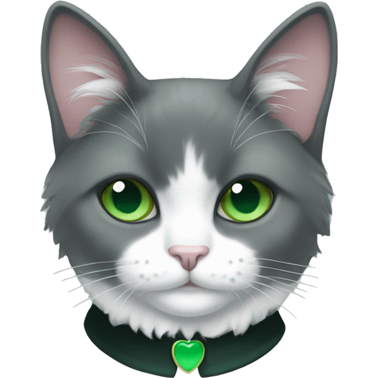 fluffy tuxedo cat with green eyes and green collar emoji