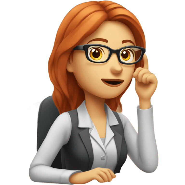 red hair woman nutritionist wearing glasses with hand on chin having an good idea monitor desk emoji