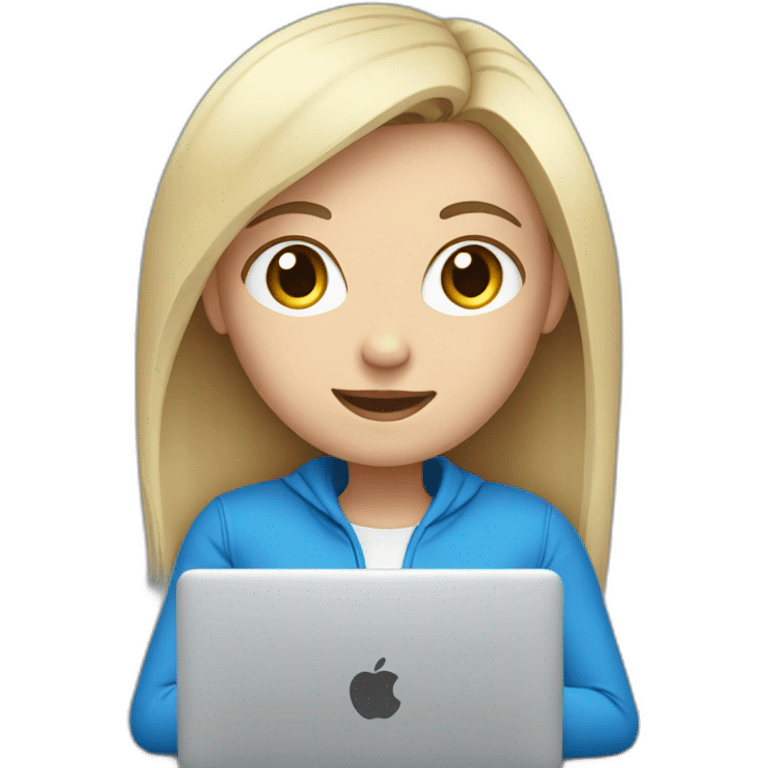 Girl with white skin in blue clothes behind laptop  emoji