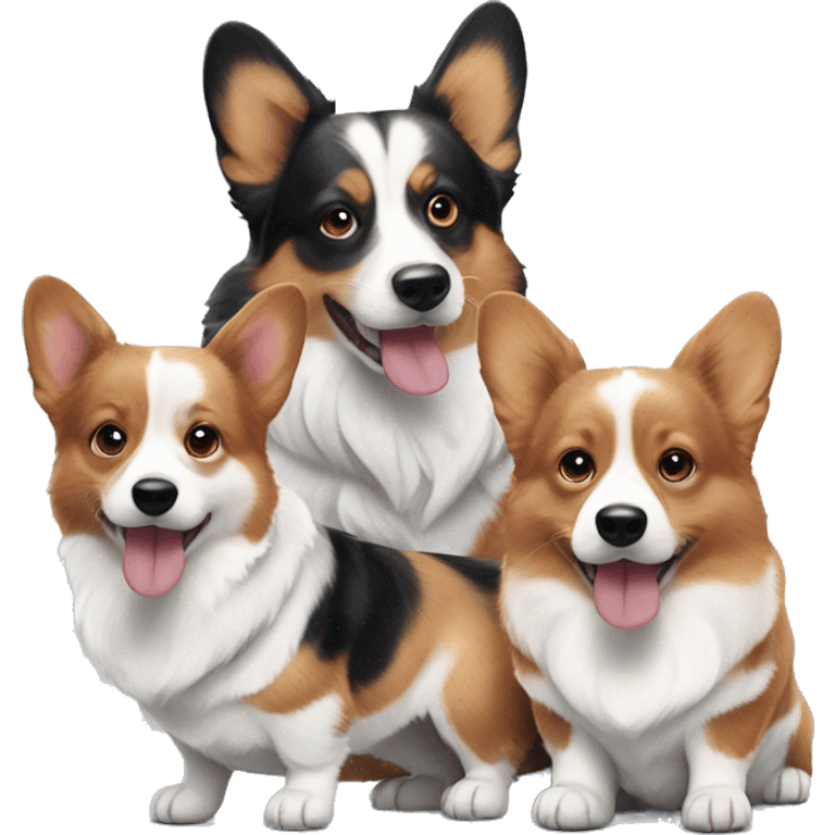 One red headed tri corgi, one black headed tri corgi, and blue Merle corgi  with blue eyes emoji