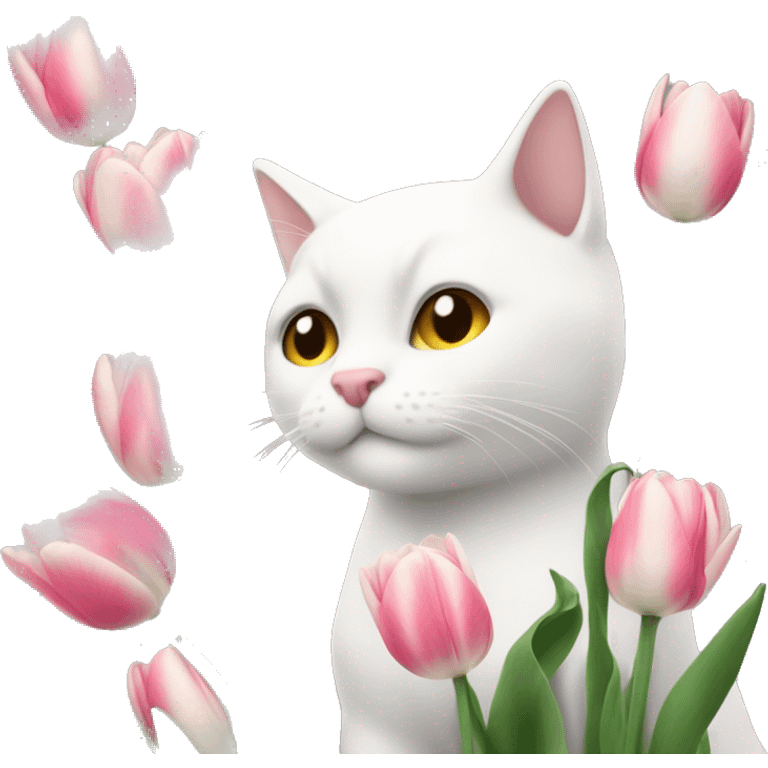 Gato blanco dando tulipanes rosas emoji