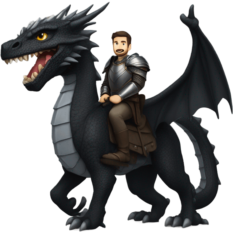 Confident armored White Man with dark brown hair and a short beard riding on the back of a giant armored black dragon emoji