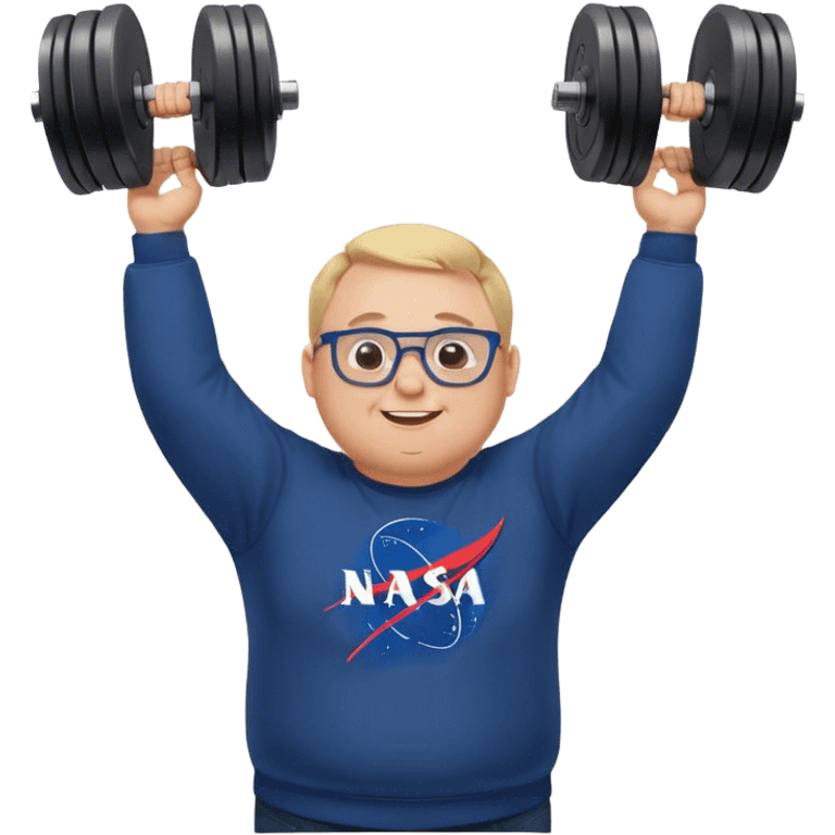 happy chubby man, lifts weights over the head,  blond short and hight receding hairline, wearing a dark blue sweatshirt, nasa logo on the sweatshirt, round glasses without frame, 40 years old emoji