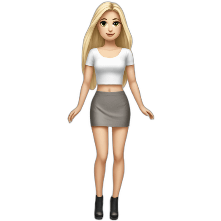 hyperrealist caucasian long straight blonde hair dark brown eyes woman sexy white crop top gray tight mini skirt black high heels full body emoji