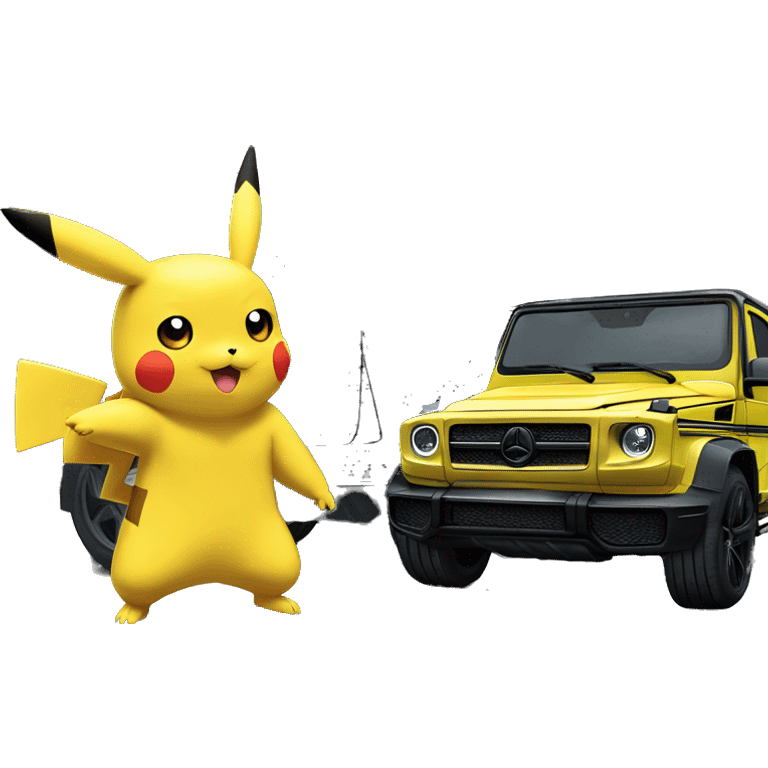 Pikachu wearing black adidas track suit next to a G wagon emoji