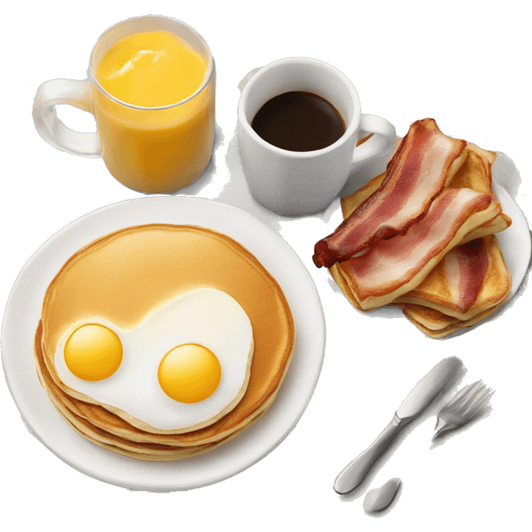 hot coffee and a big breakfast with pancakes bacon eggs and fruit emoji