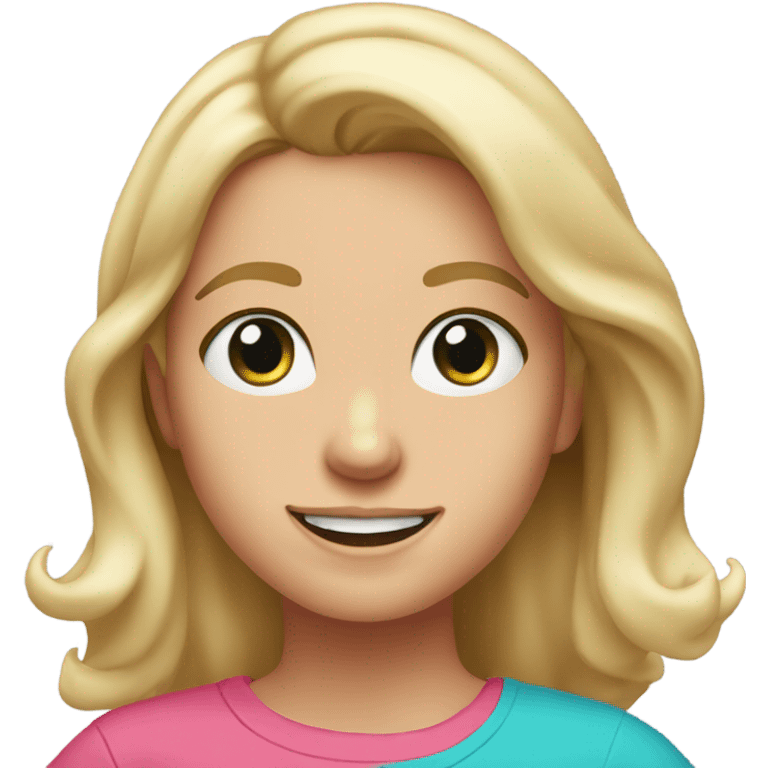 blonde girl with shoulder length hair, blue-green eyes, brown eyebrows, freckles and pink t-shirt, she is smiling  emoji