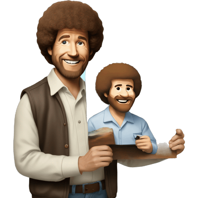 Bob Ross holding a painting of a popular meme emoji