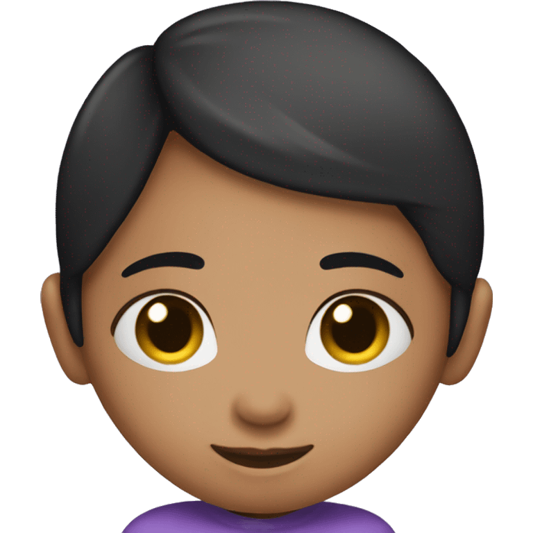 girl emote cuddling a heart with purple shirt purple eyes black hair and smile on face emoji