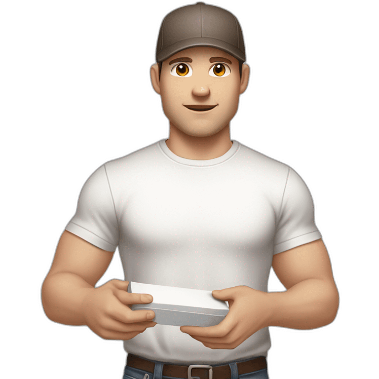 Pale skinned fit Man with dark brown hair in a light gray cap, dark brown jeans, brown polo and white T-shirt keeping a pasted with tape white box into his hands emoji