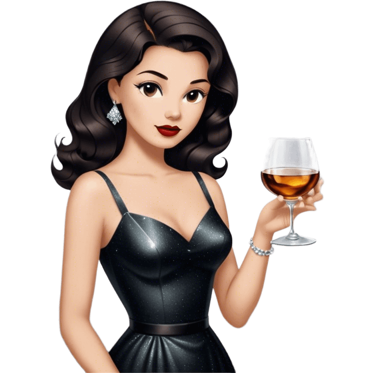 Beautiful woman in 1950’s woman fashion look, black shimmery dress, long dark brown hair, whisky with ice emoji