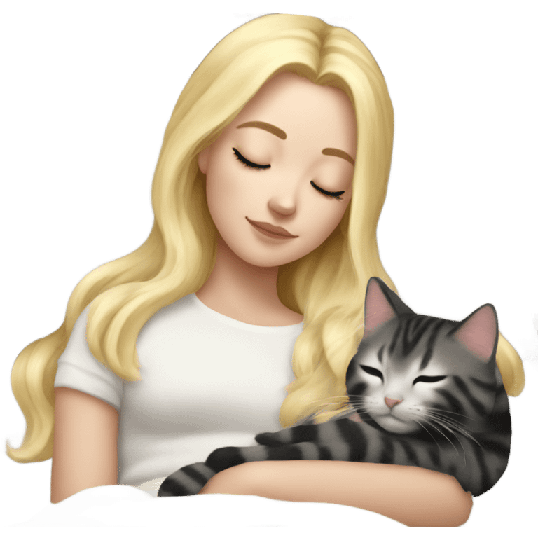 White girl blonde hair sleeping with kitty. kitty has black and white markings emoji