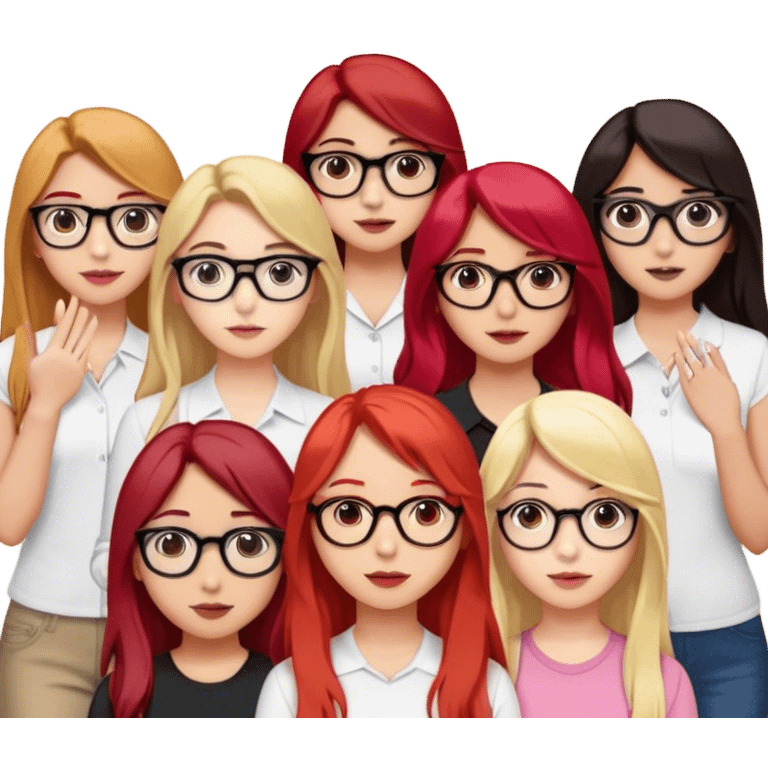 a friend group with 6 girls. one is blonde with glasses and a light skin, one is thailand and has long red hair and glases, the other one is turkish and has glasses on and dark hair, the other is german with dark long hair and dark eyes, the other one has middle length brown hair beautiful brown eyes and brown eyebrows and beautiful long lashes, and the other is blonde and shy  emoji