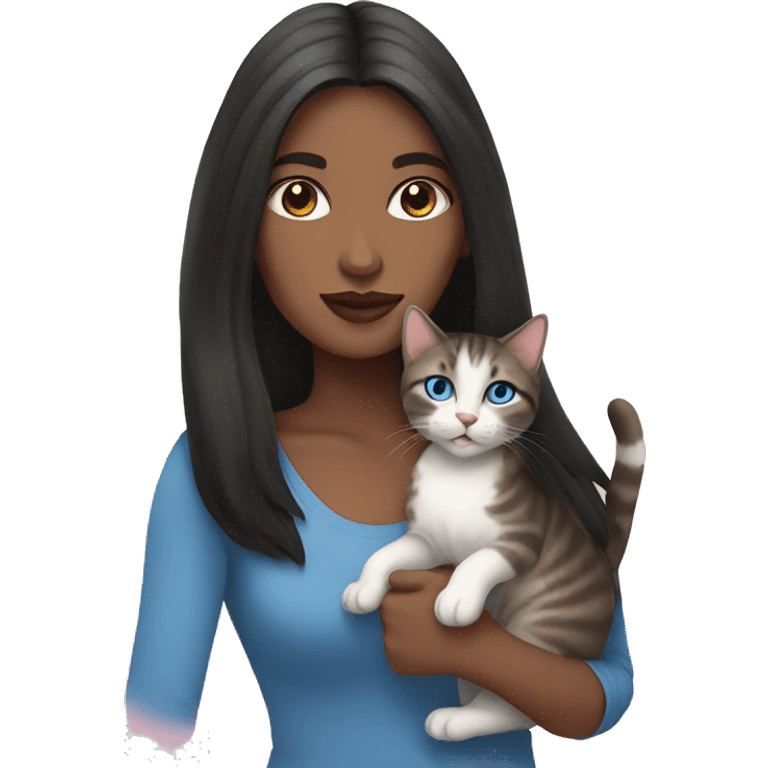 Woman with dark long hair, pink lips and blue eyes holding a tabby cat  emoji