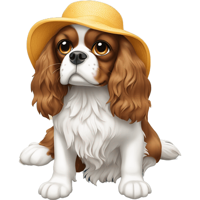 King Charles spaniel sitting by a swimming pool, wearing a sun hat emoji