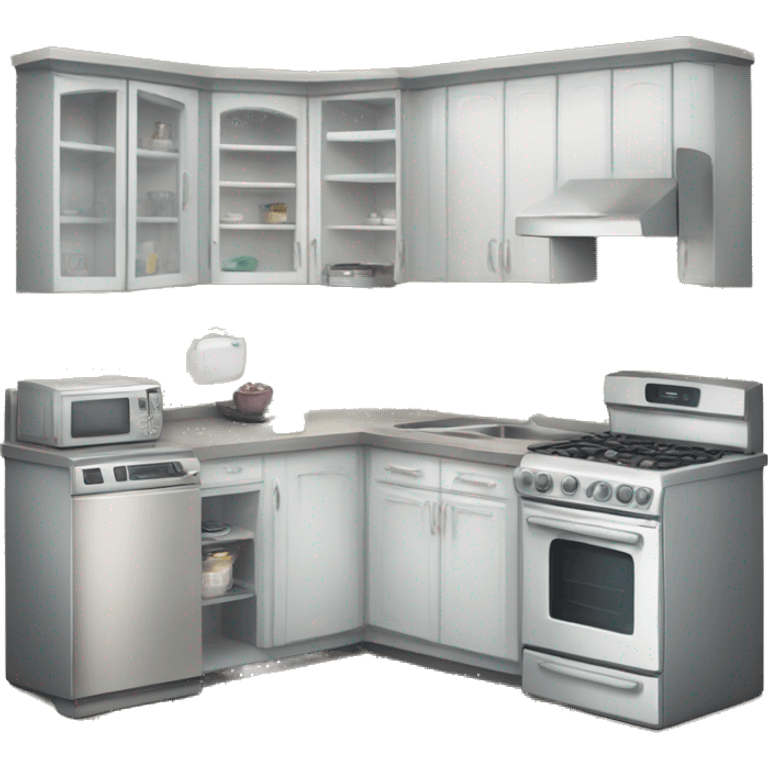 a kitchen; in the kitchen there is a fridge, a microwave, a dishwasher, an oven, a carper, 3 stools  emoji