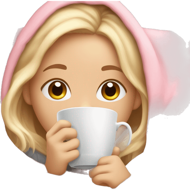 Girl with blonde Hair and Hazel eyes cuddled up in a pink blanket sipping on tea  emoji