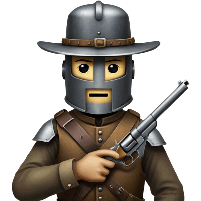 Cinematic Realistic Ned Kelly Portrait Emoji, depicted as the legendary Australian bushranger in his iconic homemade iron helmet and armor, gripping a revolver with a defiant stance. The scene is rendered with gritty textures and dramatic, shadowed lighting, evoking the lawless frontier and his rebellious, fearless legacy. emoji