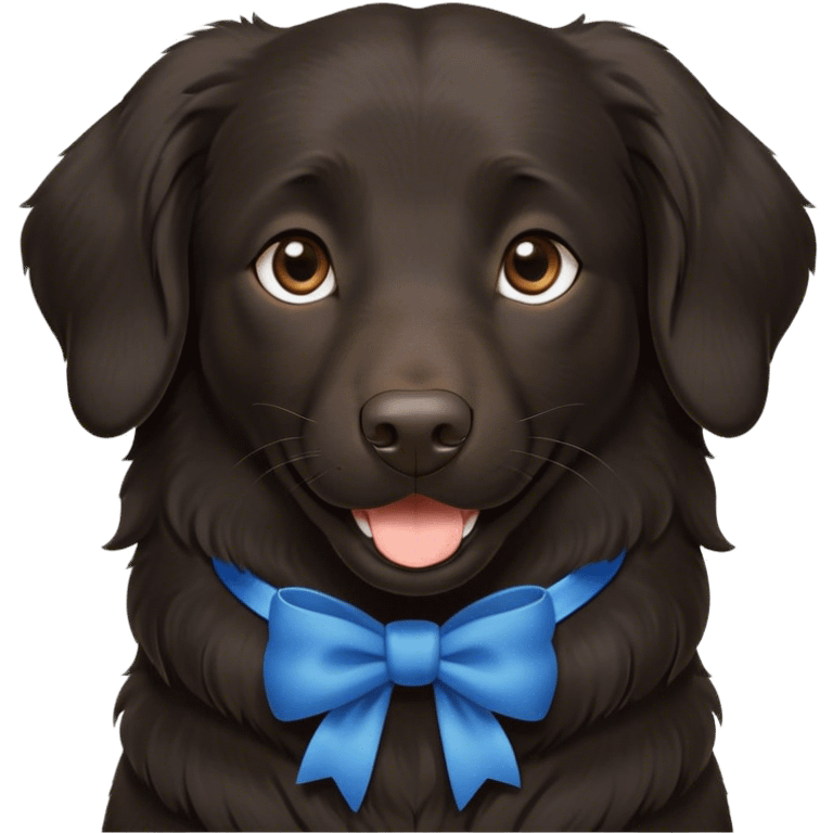 Black, flat-coated retriever, smooth fur with subtly fluffy ears, smiling face, blue bow around the neck, brown eyes  emoji