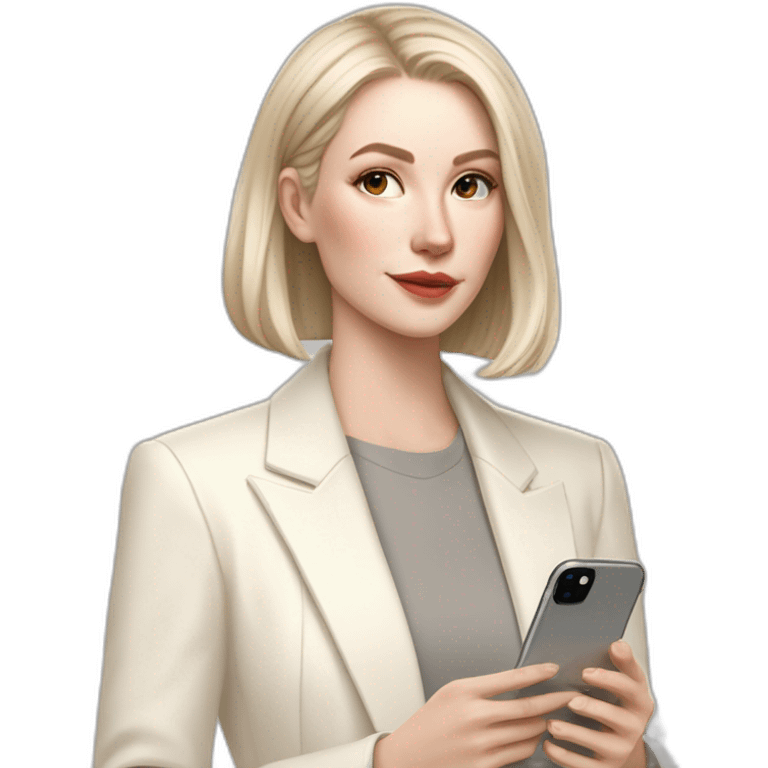 pale skin woman with ash blonde Straightened bob Hair, White Spacious classical jacket, beige palazzo Arrow pants and gray blouse holding white IPhone 15 pro in the hands emoji