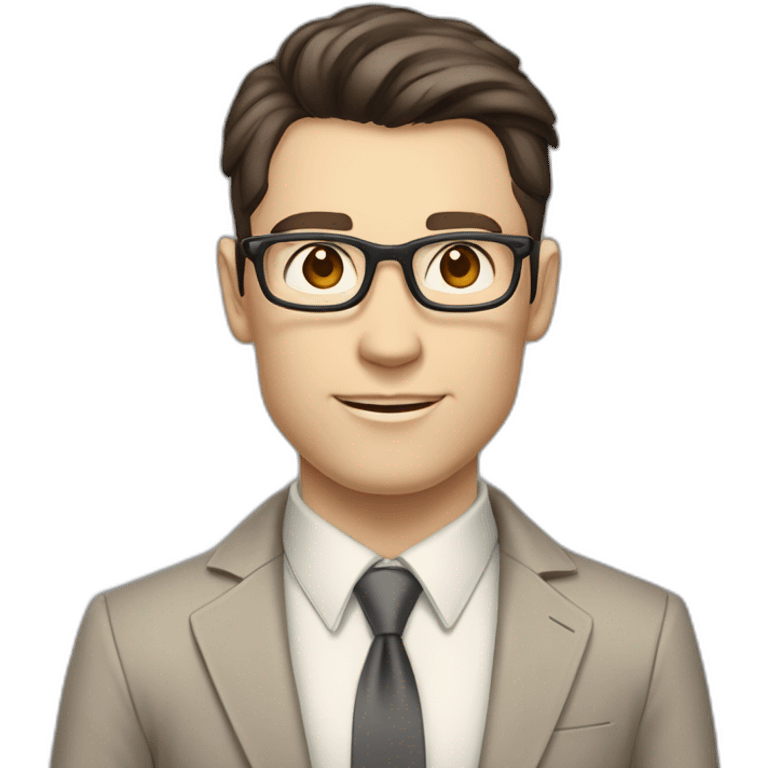 Pale skinned fit man with dark brown hair in gray jacket, beige office shirt, brown tie, brown pants and vintage glasses Writing on a marker board emoji