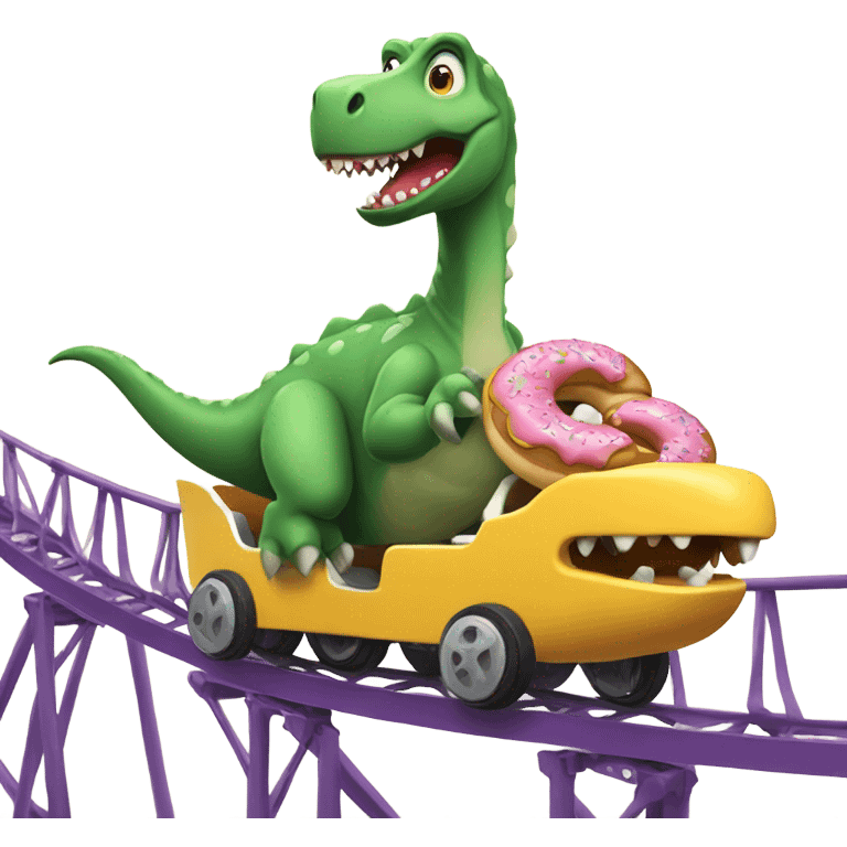 A dinosaur eating a doughnut on a roller coaster ￼ emoji