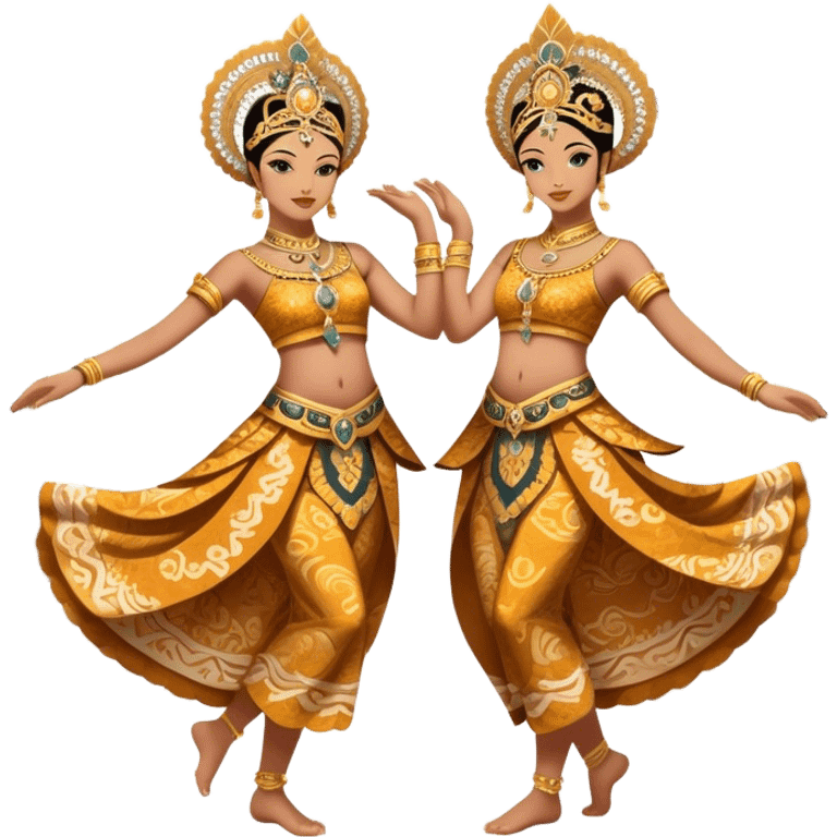 ​Cinematic Realistic Traditional Javanese Dancers, depicted as two graceful dancers in ornate traditional costumes with intricate batik patterns and elaborate headpieces, captured in dynamic poses during a ritual dance in an ancient temple courtyard, rendered with soft golden lighting and rich cultural textures, emoji