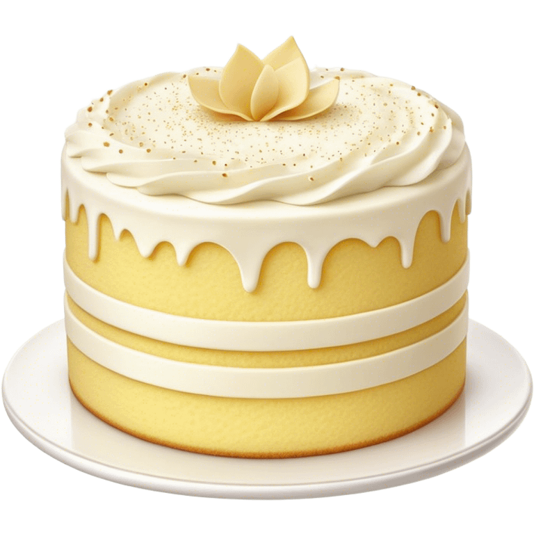 Cinematic Realistic Simple Vanilla Cake, a perfectly baked golden sponge with soft, airy layers, delicate vanilla frosting smoothly spread across the top, tiny flecks of vanilla bean visible, warm golden lighting creating depth, glowing with a sweet, irresistible charm. emoji