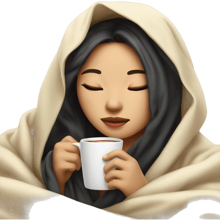 asian girl inside a blanket sipping coffee eyes closed emoji