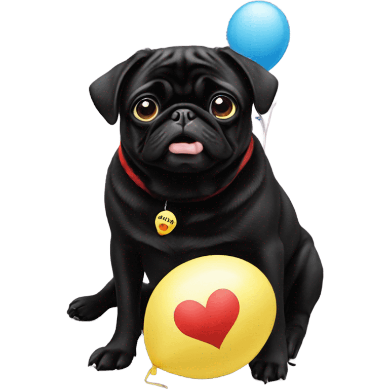 Black pug  and a ballon that says  “I’m sorry” emoji