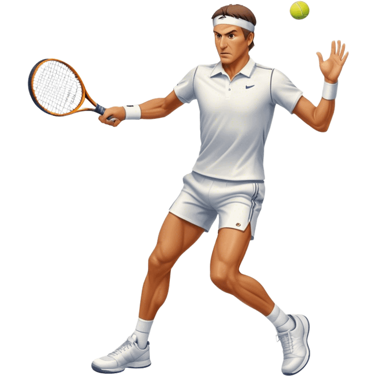 Cinematic Realistic portrait of Goran Ivanišević, depicted as an iconic tennis player in dynamic motion with detailed athletic gear and intense focus, illuminated by bold stadium lighting that accentuates his competitive spirit. emoji