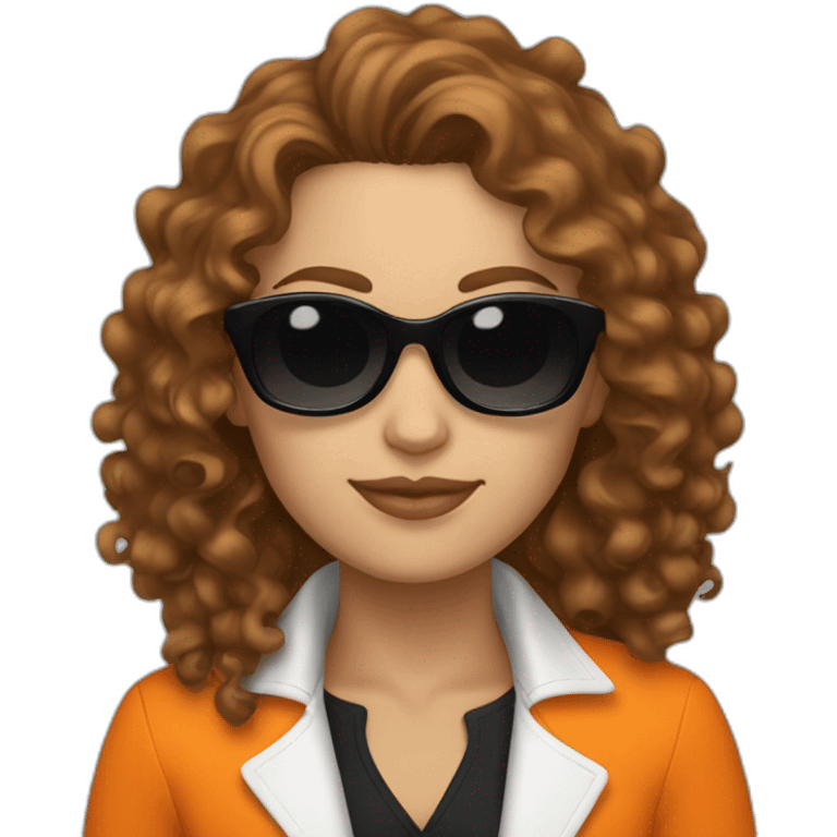 a curly brown hair white woman with black sunglasses and a orange trucksuit  emoji