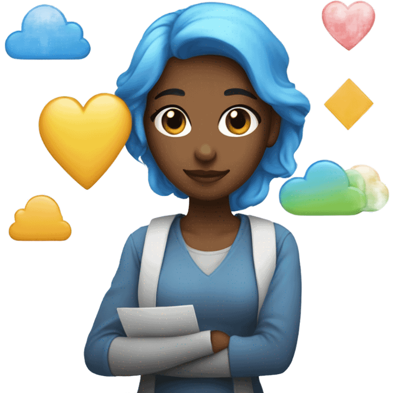 a developer girl with color palette, clouds, and a blue heart emoji