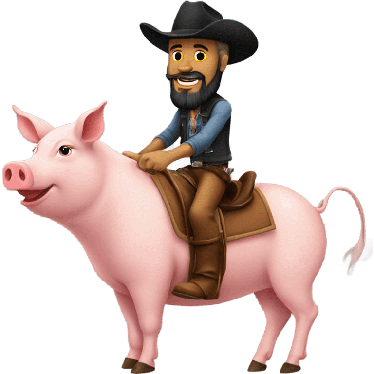 Man with tattoos and a beard with a cowboy hat and he’s riding a pig emoji