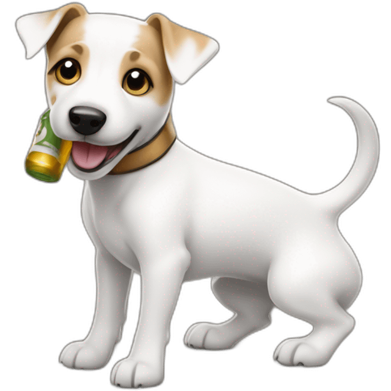 White jack russell terrier wagging his tail and drinking a beer emoji