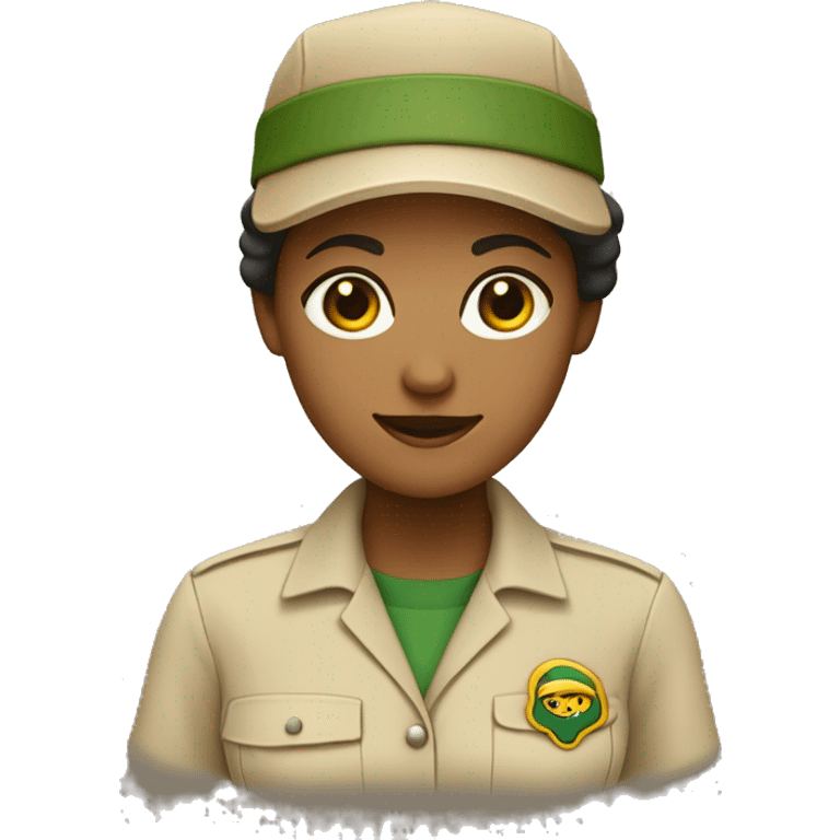 female zookeeper, wearing a plain beige shirt and a plain dark cap. on the beige shirt, there is a small logo, that looks like a yellow square with a dark green border emoji