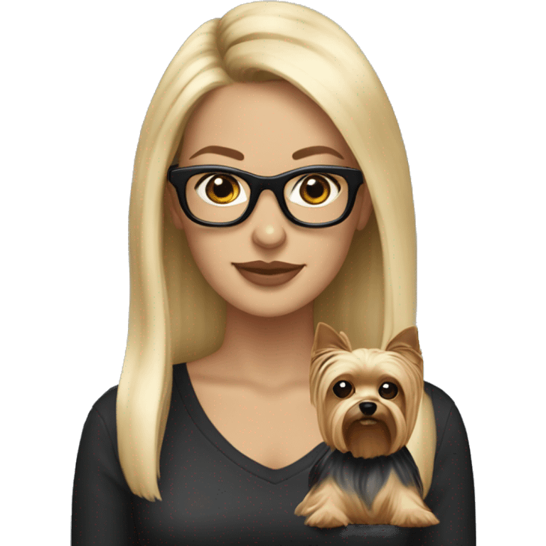 Beautiful white woman, long blonde hair and black glasses holding Yorkshire terrier emoji