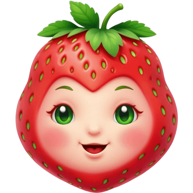 Cinematic plump happy strawberry, glossy bright red, tiny round eyes and blushing cheeks, green leafy top slightly tilted, cheerful and charming. emoji