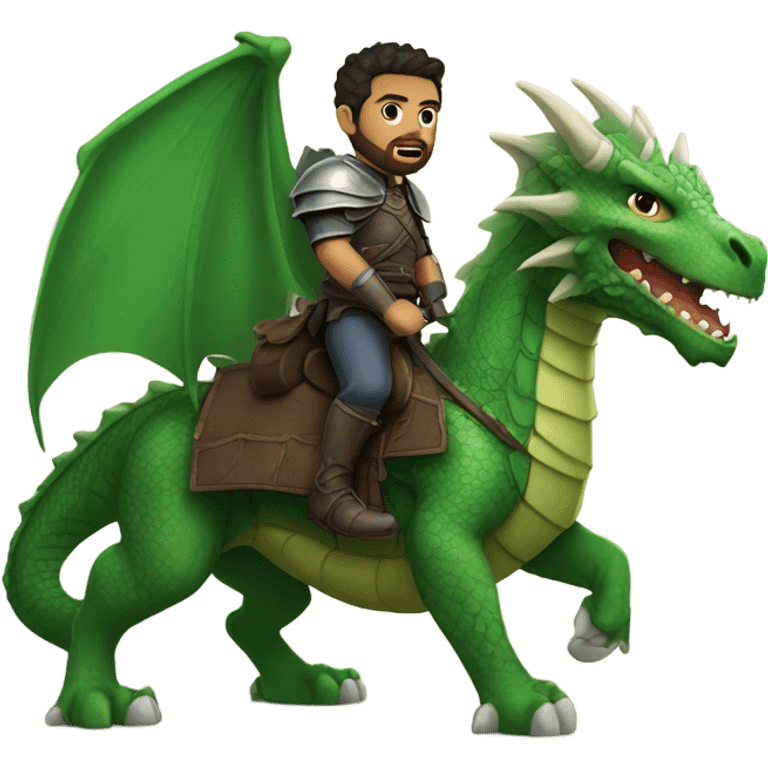 Determined armored White Man with dark brown pompadour hair and a short beard riding on the back of a giant green dragon emoji