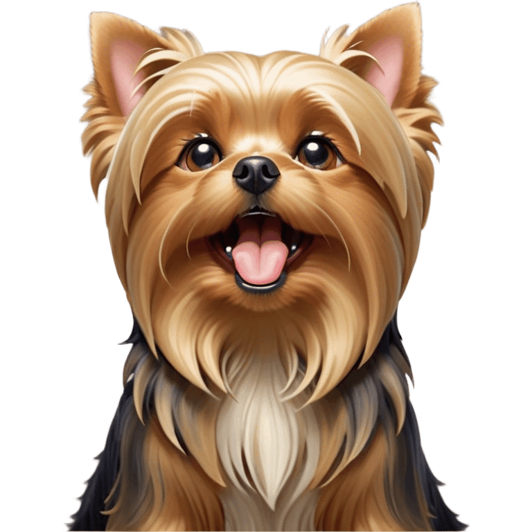 Cinematic Cute Yawning Yorkshire Terrier Portrait Emoji, Head tilted with a playful, drowsy expression and droopy, adorable eyes, featuring a soft, well-groomed fur in rich hues, simplified yet irresistibly endearing, highly detailed, glowing with a warm, cozy radiance, high shine, exuding a relaxed yet spunky charm, styled with a gentle, soft glowing outline, capturing the essence of a Yorkshire Terrier mid-yawn that seems as if it could cuddle right off the screen! emoji