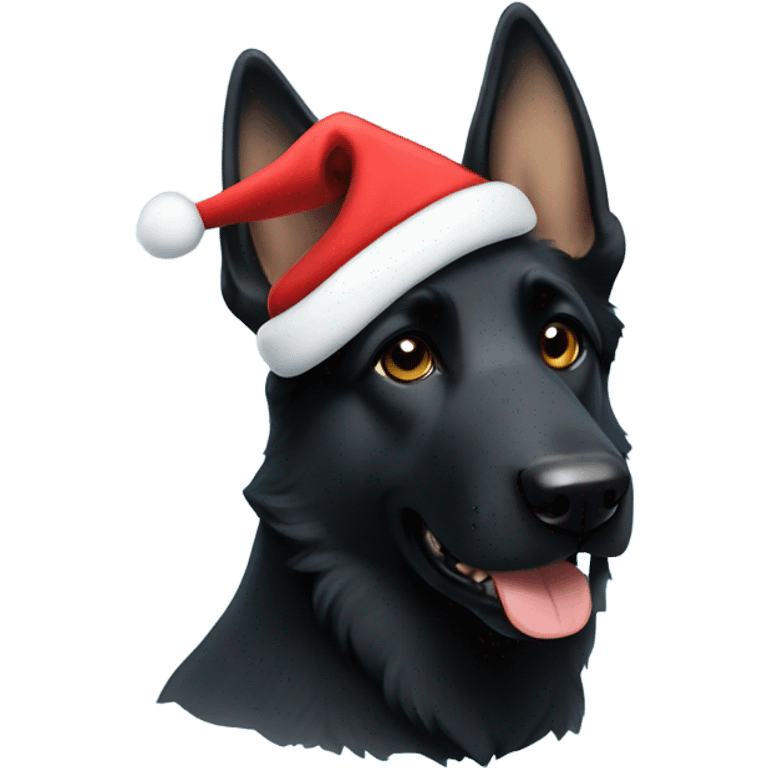 All black German shepherd with blue Santa hat emoji