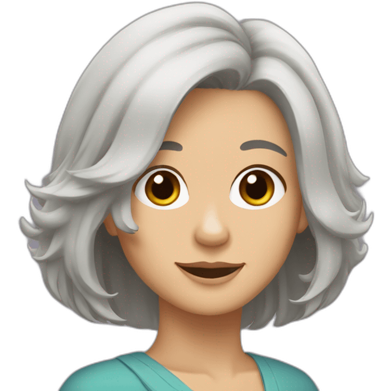 woman with shoulder length grey hair and hazel eyes and shih tzu emoji