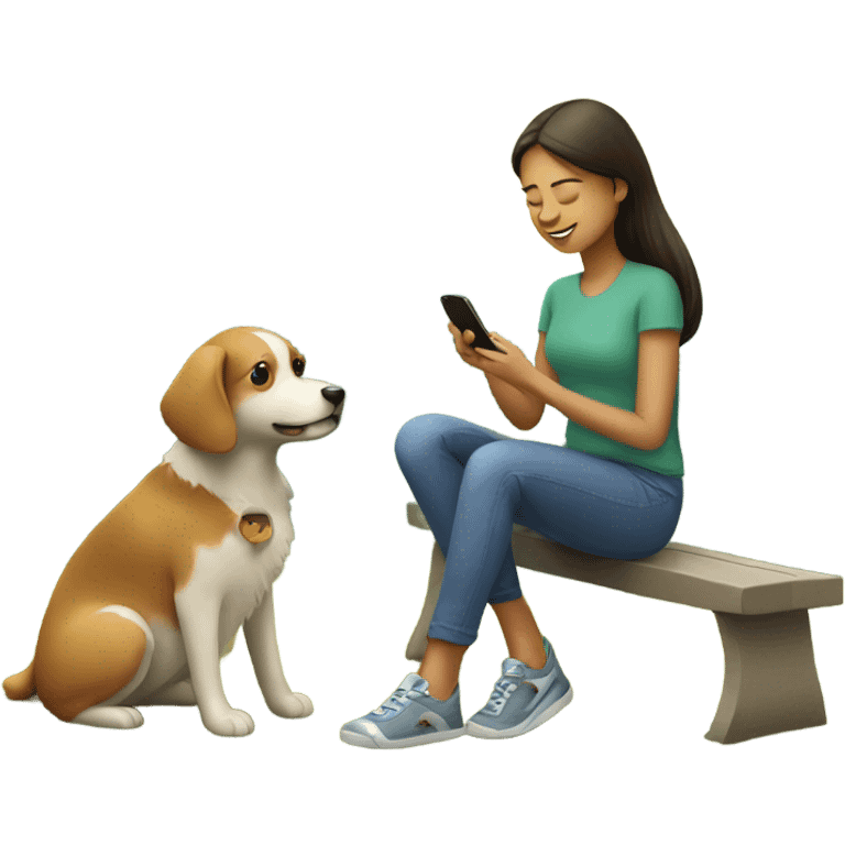 girl sitting outdoors with dog using her iphone for dog's health consult emoji