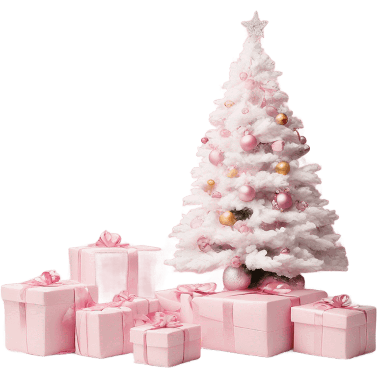 Light pink Christmas gifts under a white Christmas tree  emoji