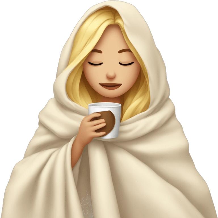 girl inside a blanket sipping coffee eyes closed blonde emoji