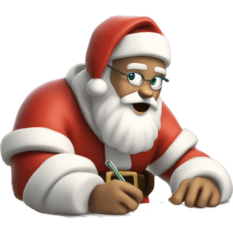 White Santa Claus is sitting on a desk, writing something down on a sheet of paper, solving complicated math puzzles  emoji