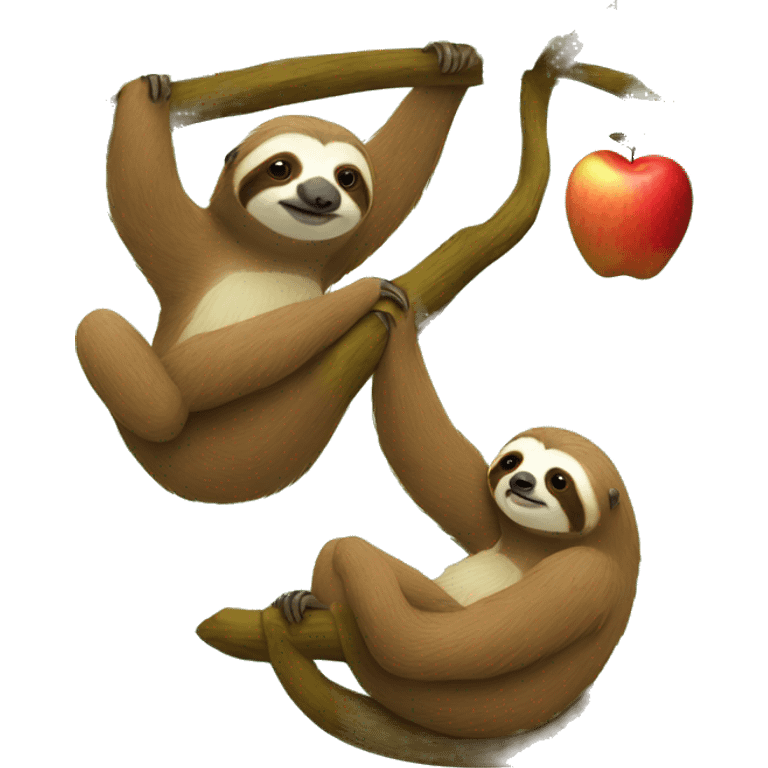 Two sloths hanging from a tree and contemplating an apple emoji